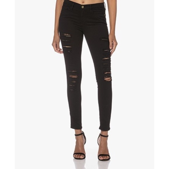 FRAME Le Skinny de Jeanne Rip Film Noir Black Ripped Distressed Jeans EUC Sz 26 - Picture 1 of 10